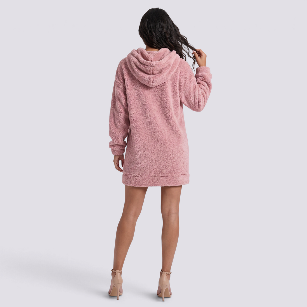 Sudadera borreguito de mujer con capucha y media cremallera color rosa, vista trasera