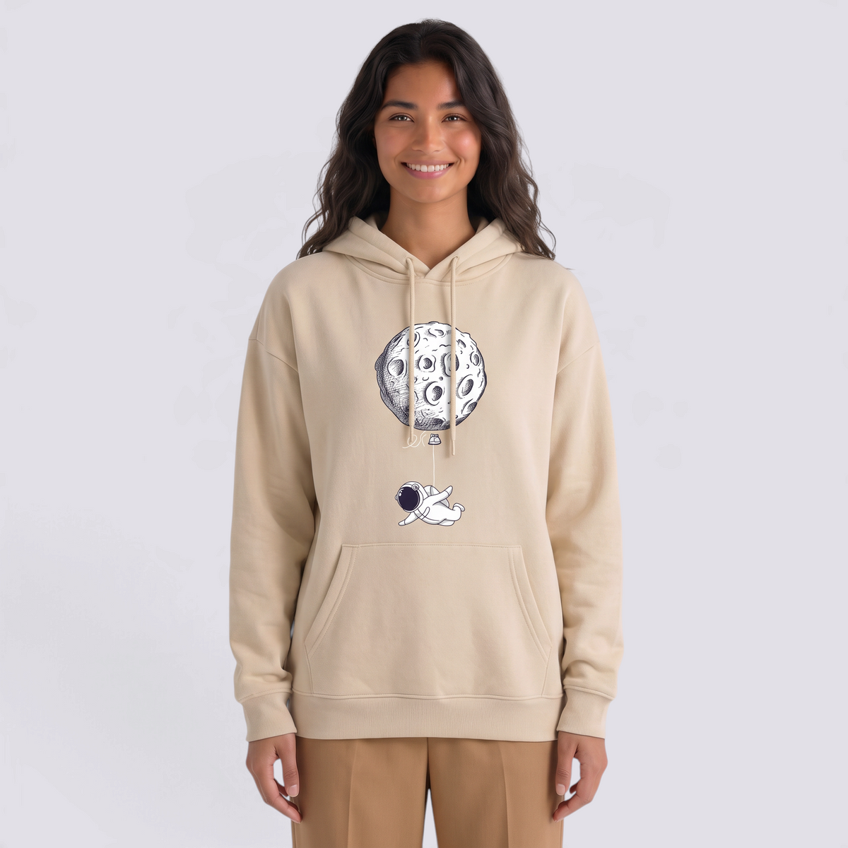 Sudadera Mujer con Capucha Estampado Astronauta Beige - vista frontal