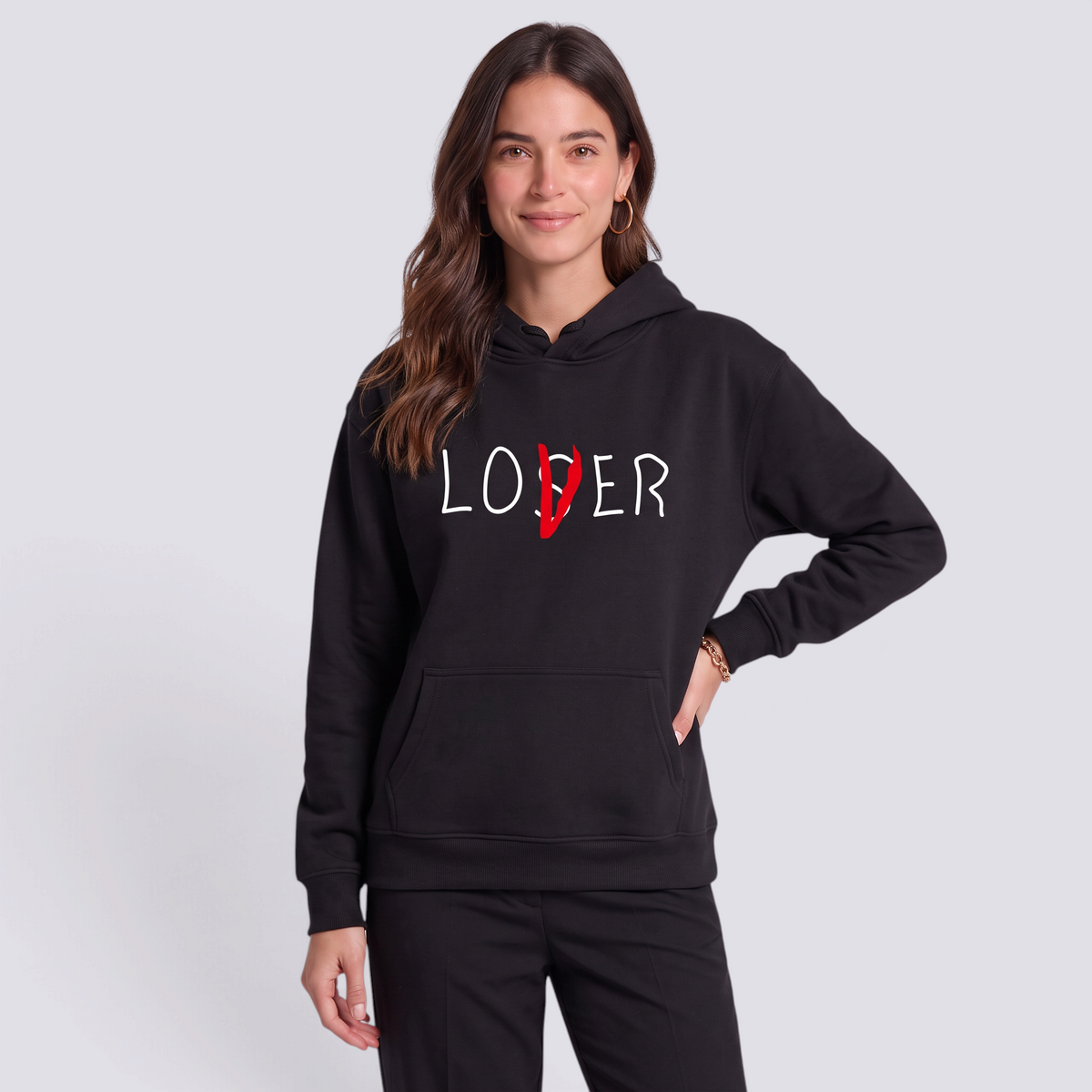 Sudadera Mujer con Capucha Estampado Letras Negro - vista frontal