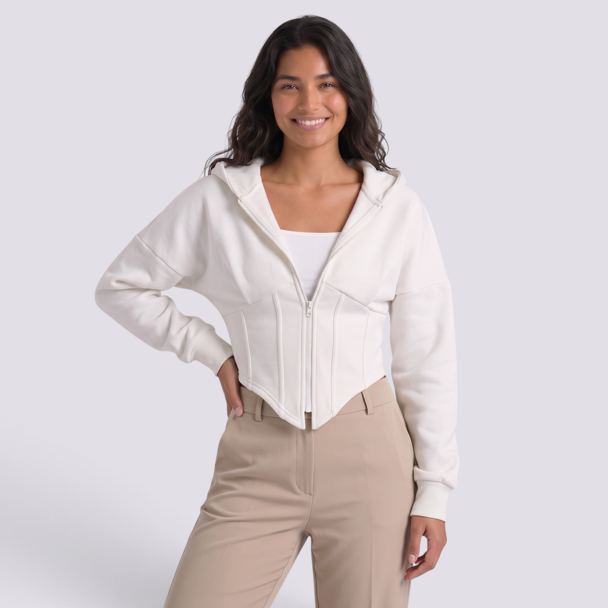 Sudadera corta blanca con capucha estilo corsé para mujer, vista frontal