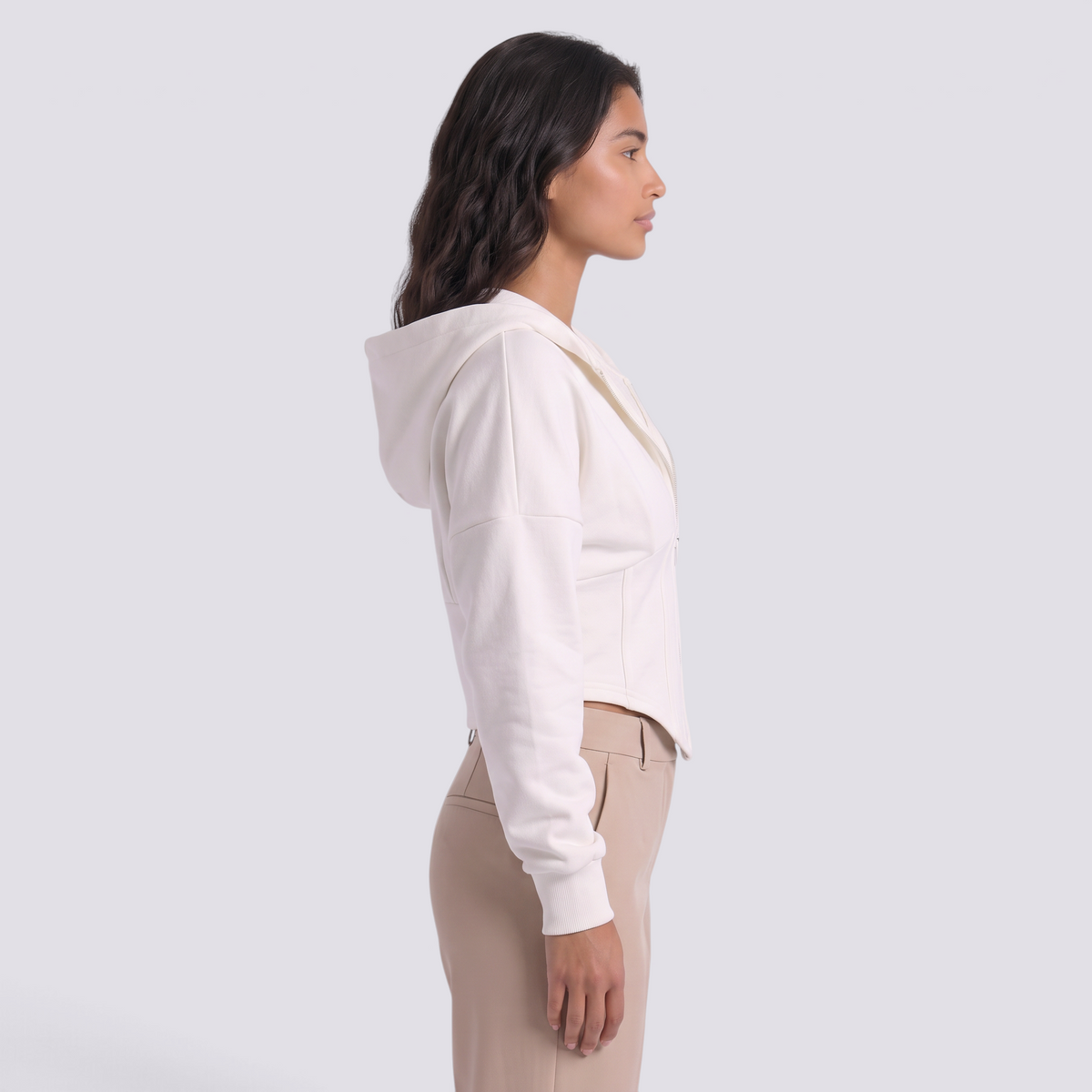 Sudadera corta blanca con capucha estilo corsé para mujer, vista lateral