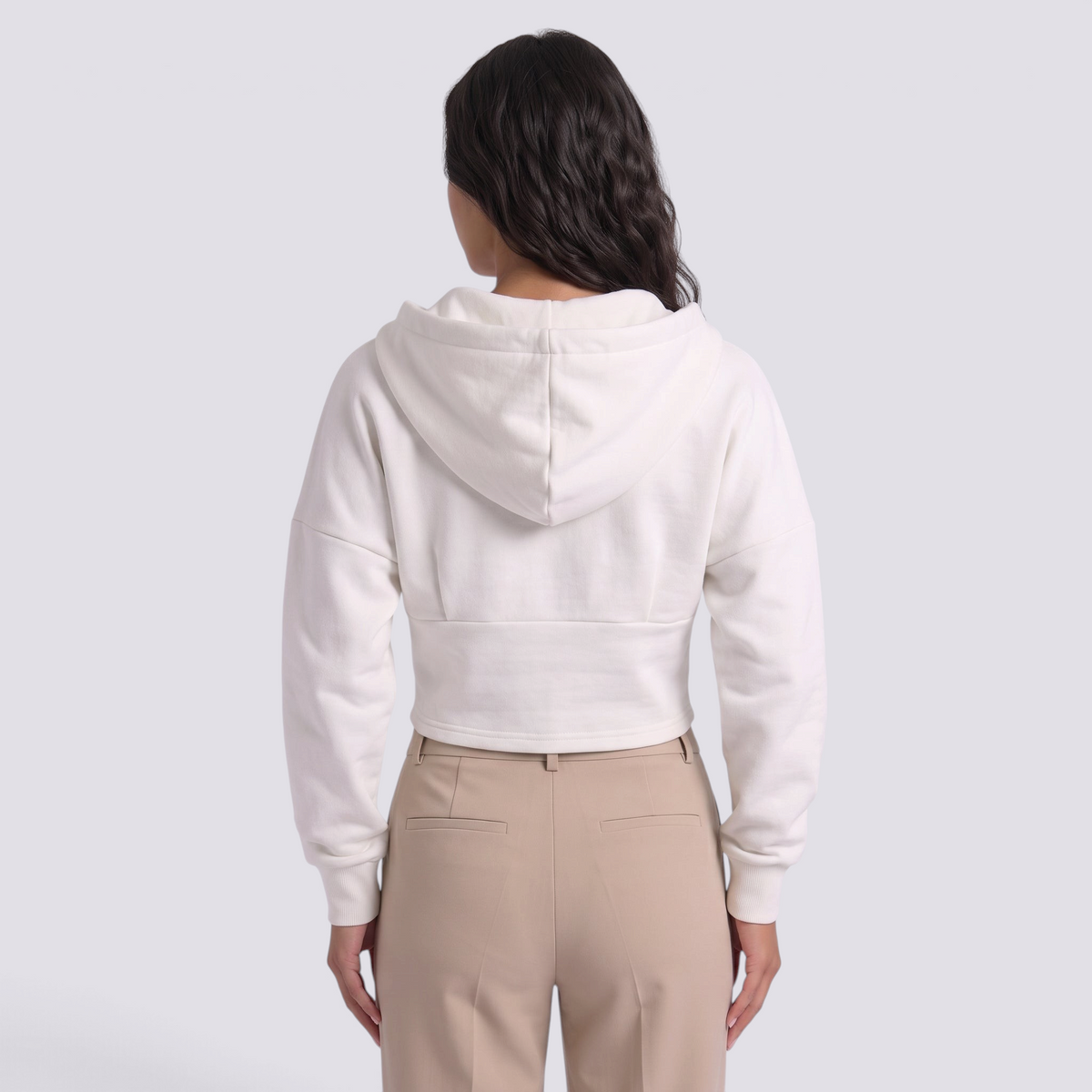 Sudadera corta blanca con capucha estilo corsé para mujer, vista trasera