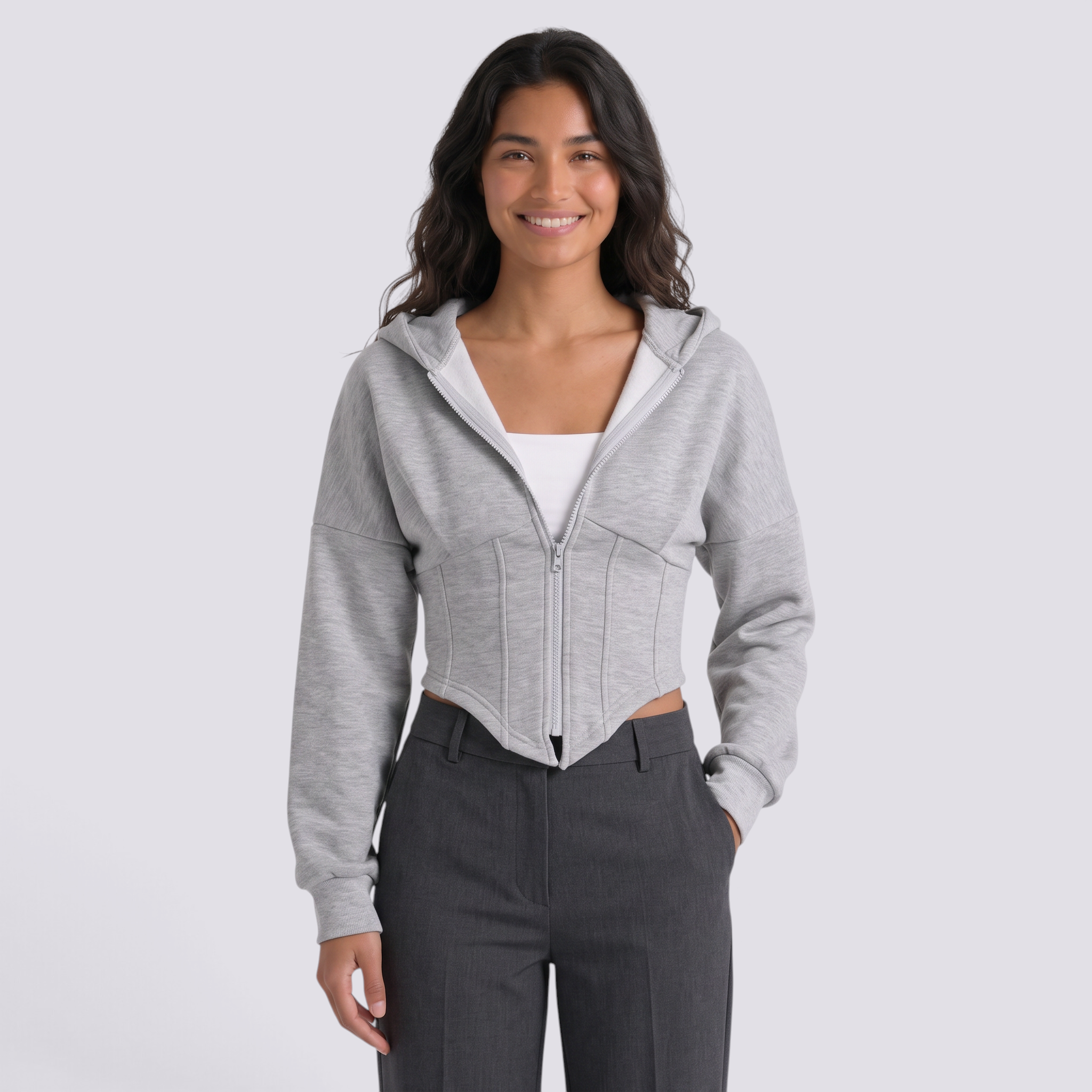 Sudadera corta gris con capucha estilo corsé para mujer, vista frontal