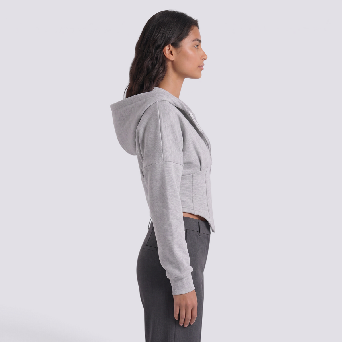 Sudadera corta gris con capucha estilo corsé para mujer, vista lateral