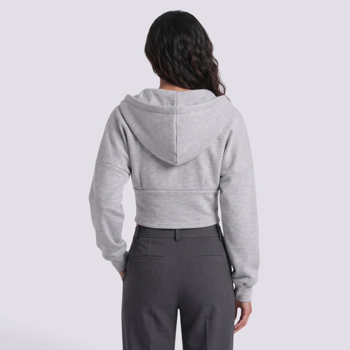 Sudadera corta gris con capucha estilo corsé para mujer, vista trasera