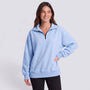 Sudadera mujer oversize con media cremallera y cuello solapa en color azul claro, vista frontal