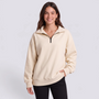 Sudadera mujer oversize con media cremallera y cuello solapa en color crema, vista frontal