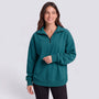 Sudadera mujer oversize con media cremallera y cuello solapa en color verde océano, vista frontal