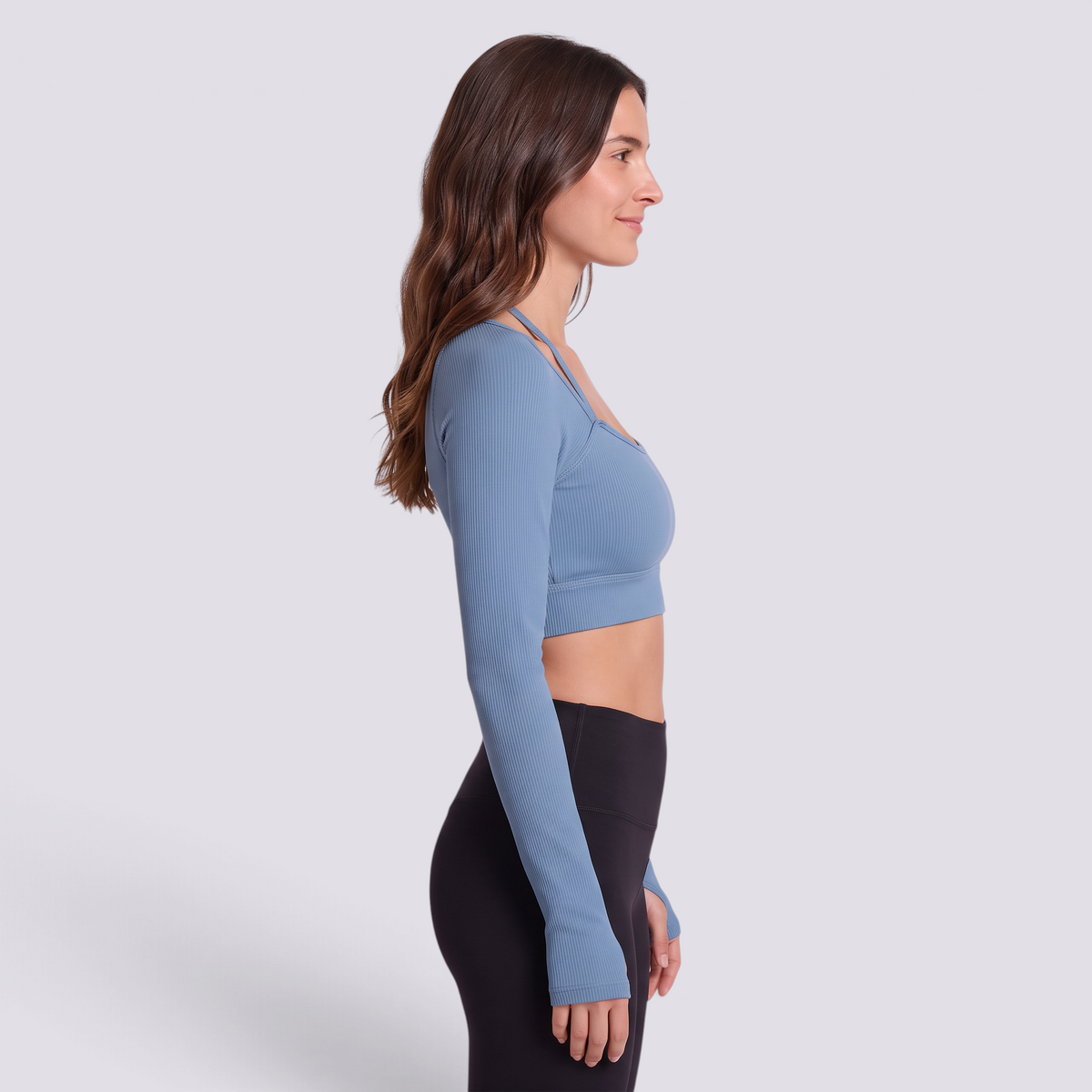 Top deportivo mujer manga larga escote cuadrado azul acero, vista lateral