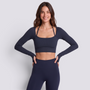 Top deportivo mujer manga larga escote cuadrado azul marino, vista frontal