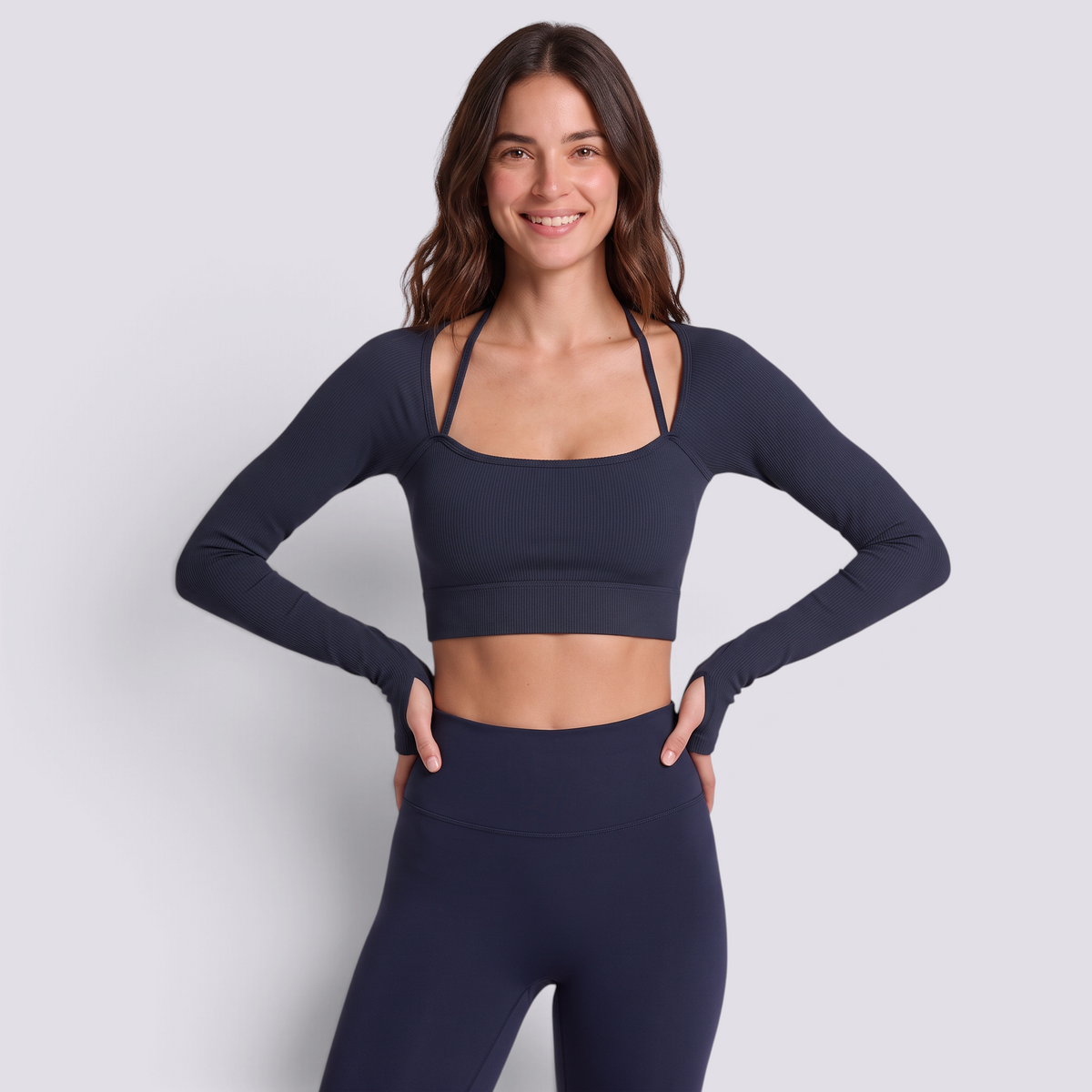 Top deportivo mujer manga larga escote cuadrado azul marino, vista frontal