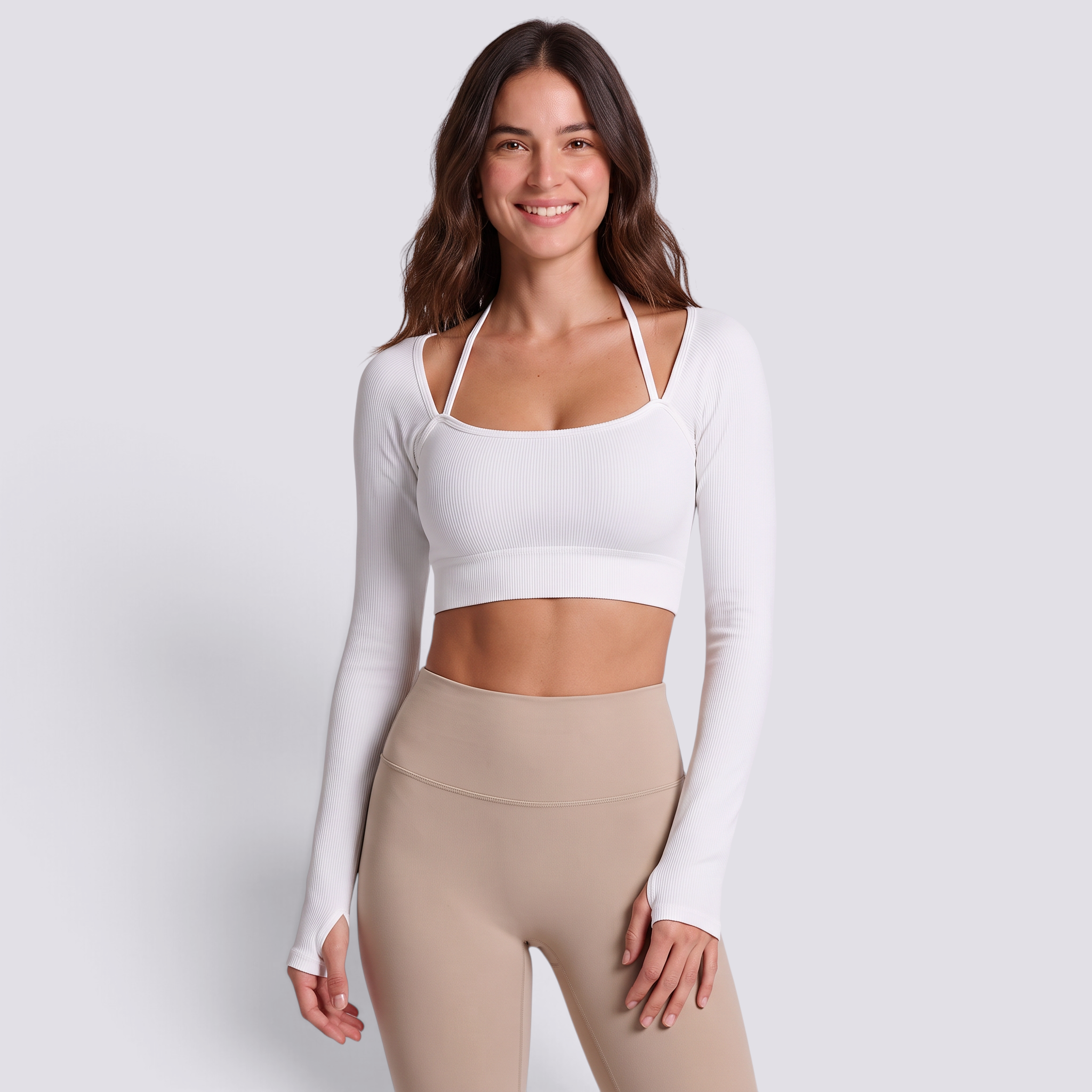 Top deportivo mujer manga larga escote cuadrado blanco, vista frontal