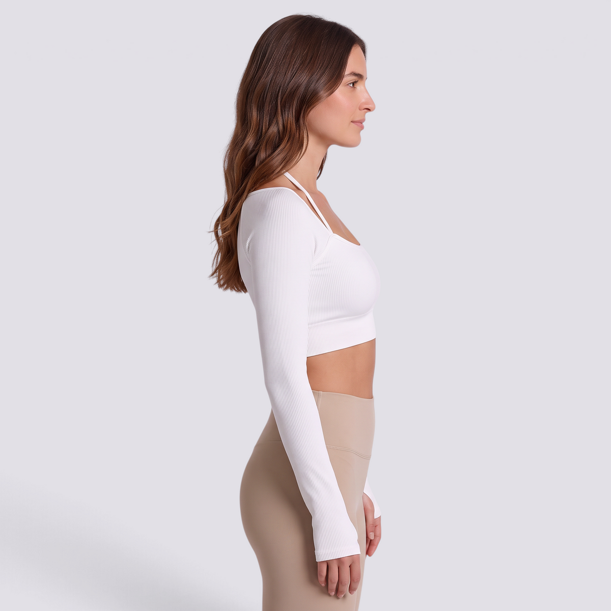 Top deportivo mujer manga larga escote cuadrado blanco, vista lateral