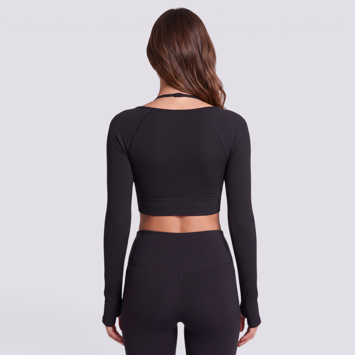 Top deportivo mujer manga larga escote cuadrado negro, vista trasera