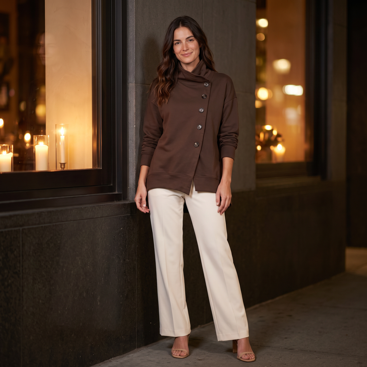 Top de mujer con cuello alto, botones y bajo asimétrico, look de noche en la ciudad