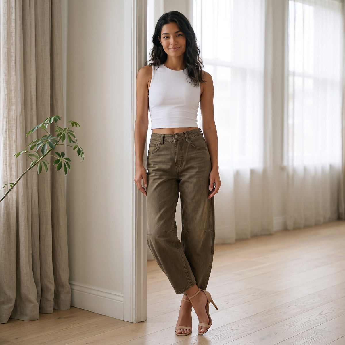 Pantalones Vaqueros Barrel de Tiro Medio Mujer