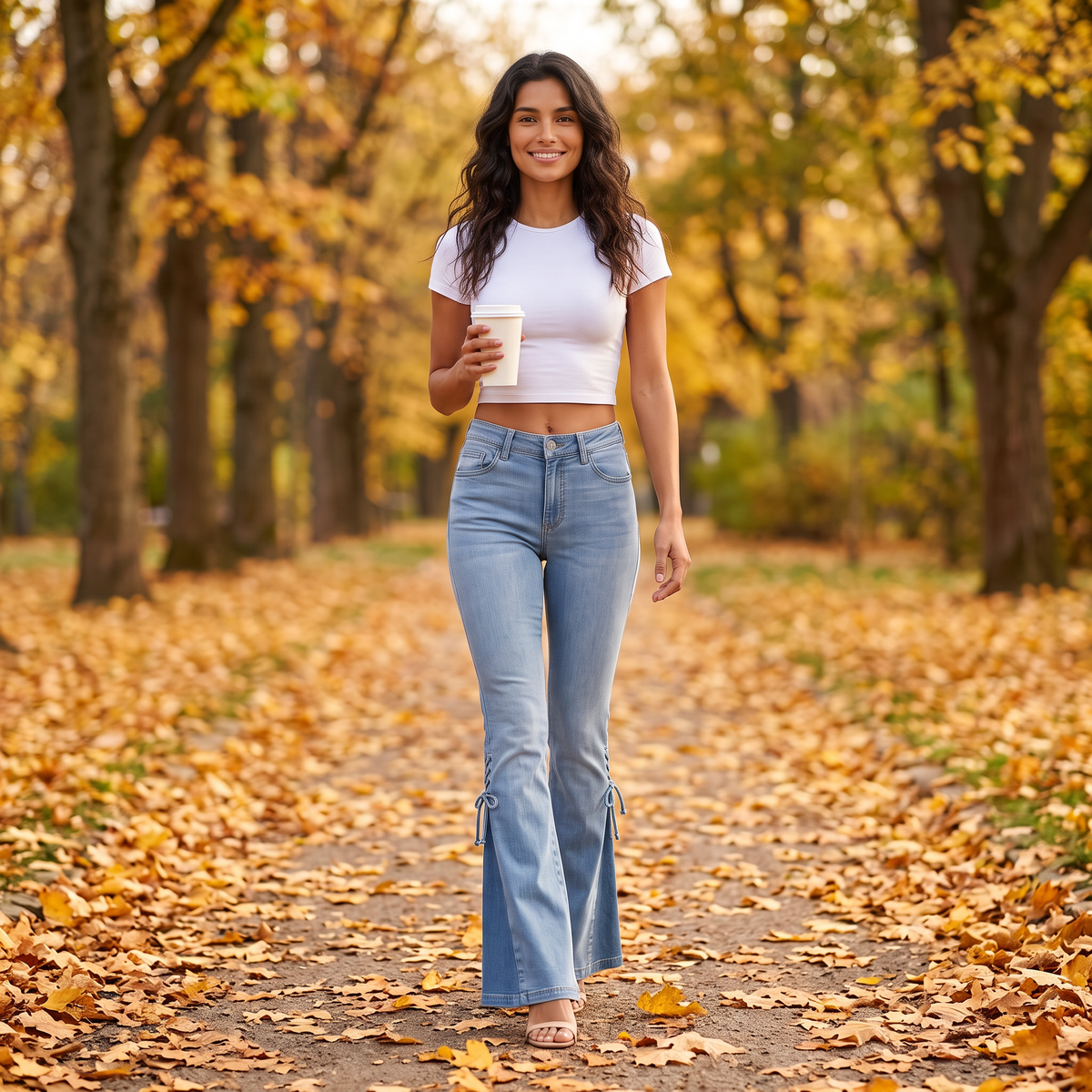 Mujer paseando por un parque en otoño con vaqueros flare con cordones laterales