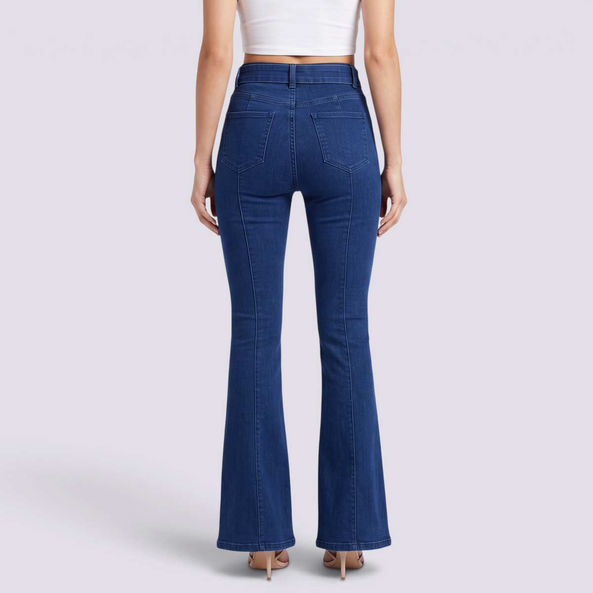 Vaqueros pata de elefante ajustados de mujer color azul marino, vista trasera