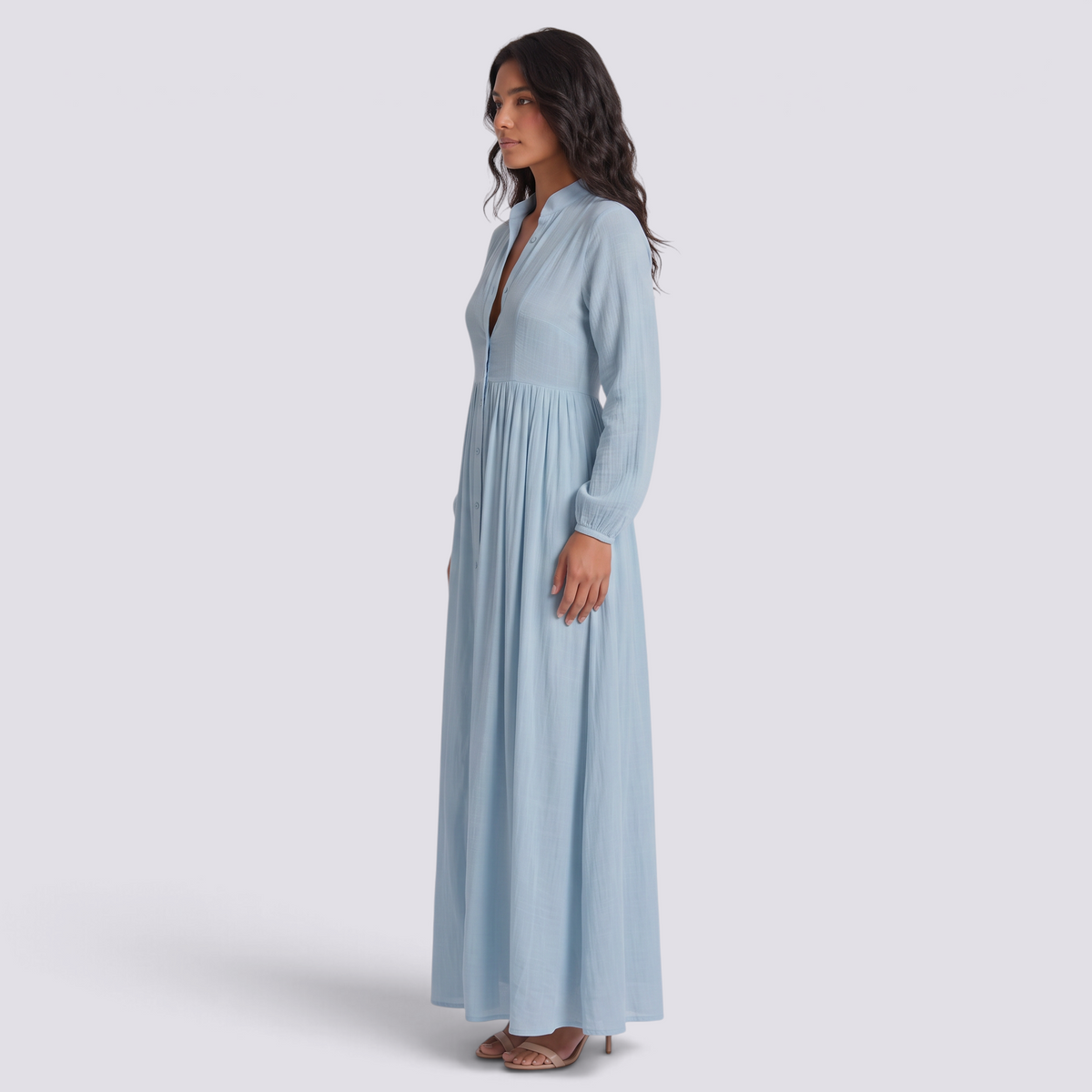 Vestido camisero largo mujer cuello mao con bolsillos en azul cielo, vista lateral
