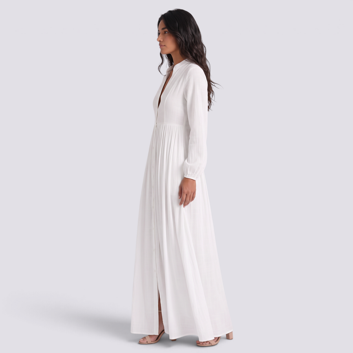Vestido camisero largo mujer cuello mao con bolsillos en blanco, vista lateral