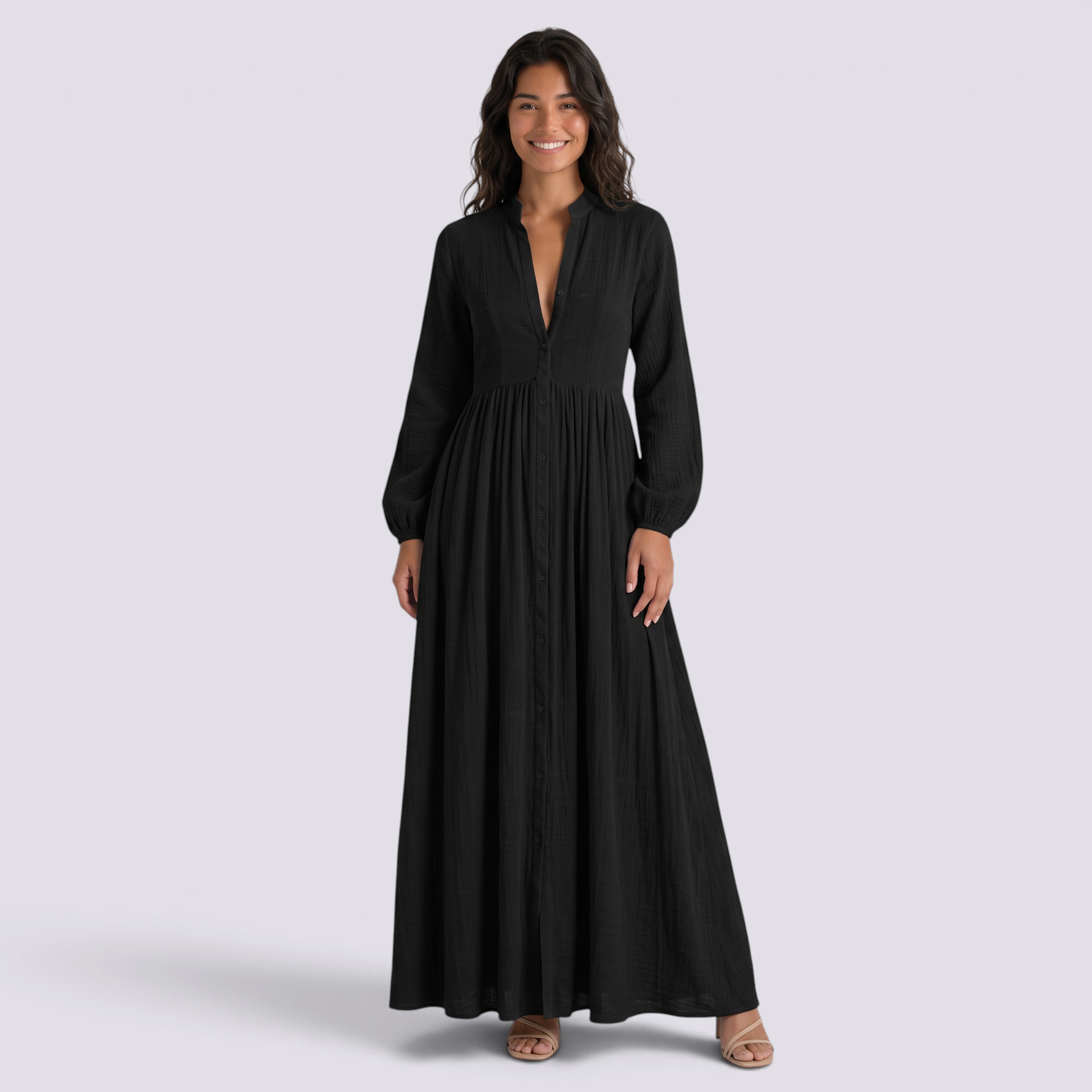 Vestido camisero largo mujer cuello mao con bolsillos en negro, vista frontal