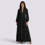 Vestido camisero largo mujer cuello mao con bolsillos en negro, vista frontal