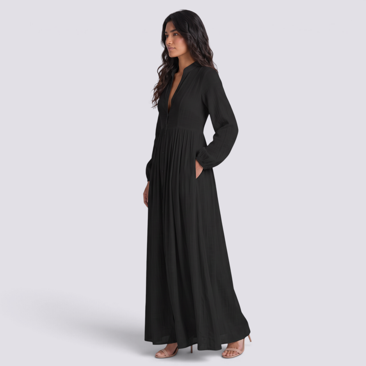 Vestido camisero largo mujer cuello mao con bolsillos en negro, vista lateral