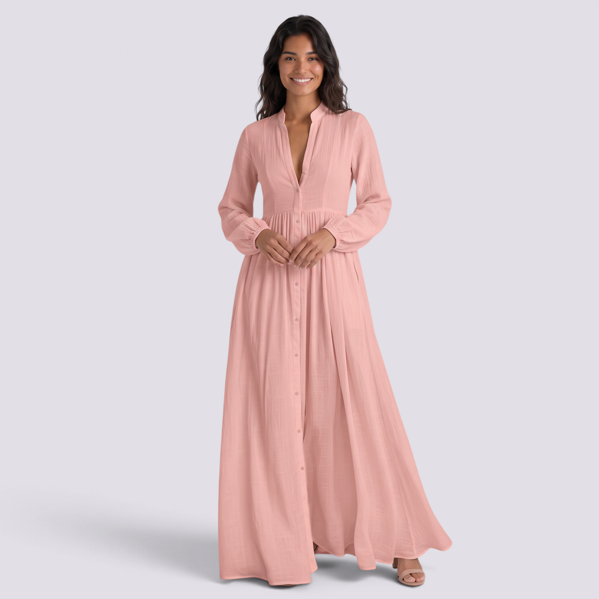 Vestido camisero largo mujer cuello mao con bolsillos en rosa, vista frontal
