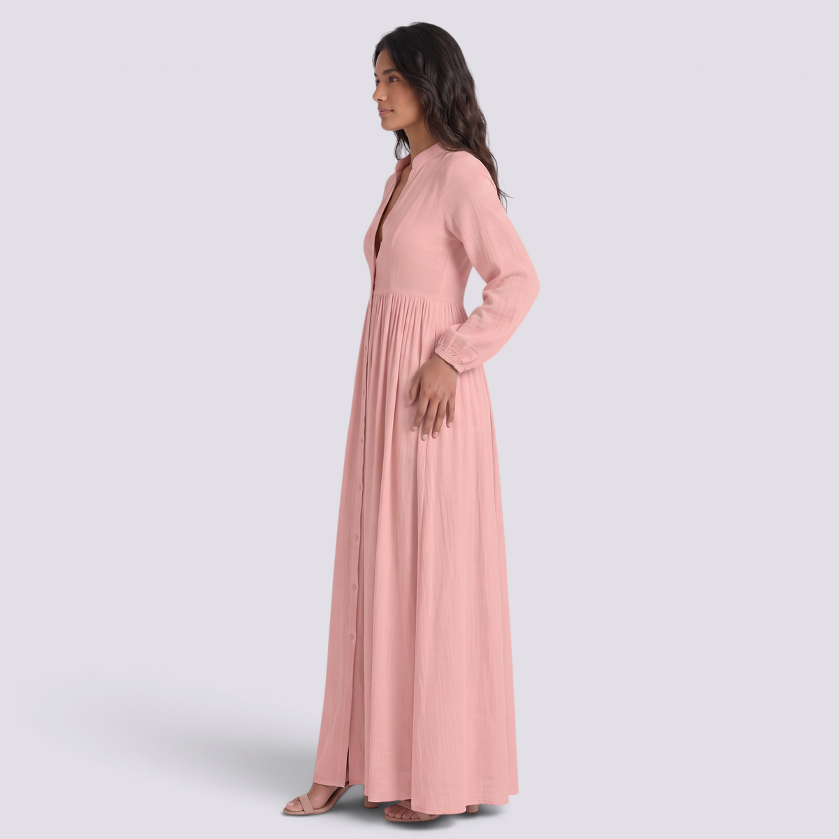 Vestido camisero largo mujer cuello mao con bolsillos en rosa, vista lateral
