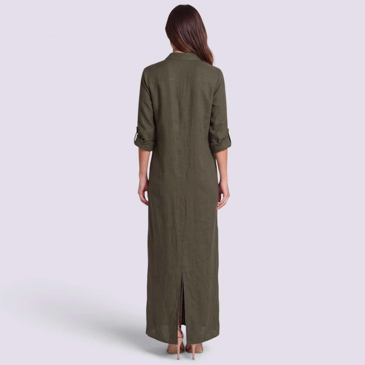 Vestido camisero largo verde oliva mujer, vista trasera