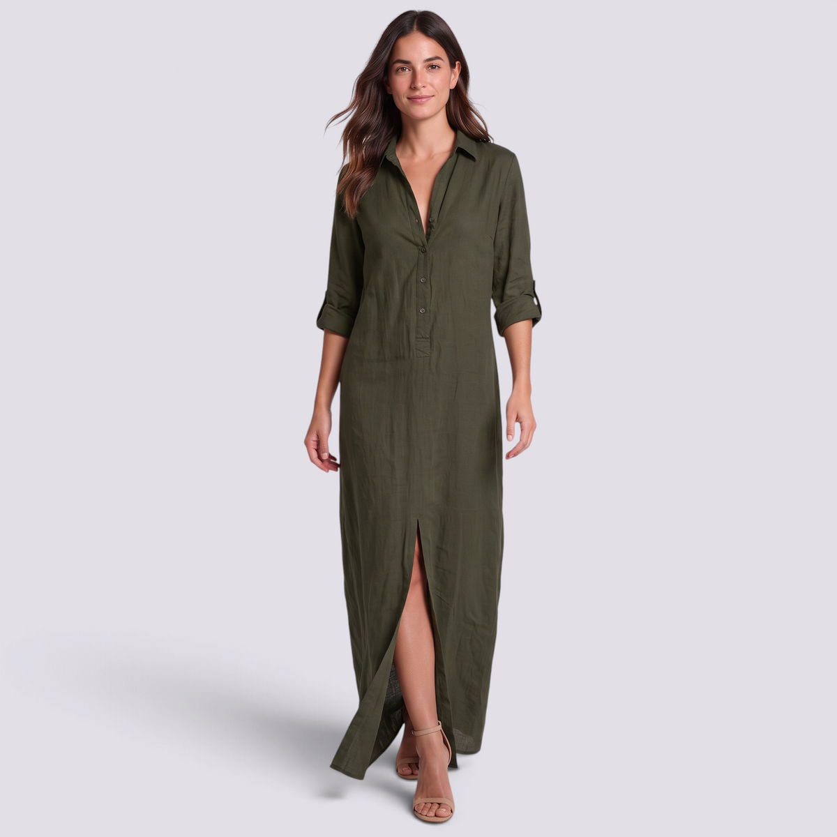 Vestido camisero largo verde oliva mujer, vista frontal
