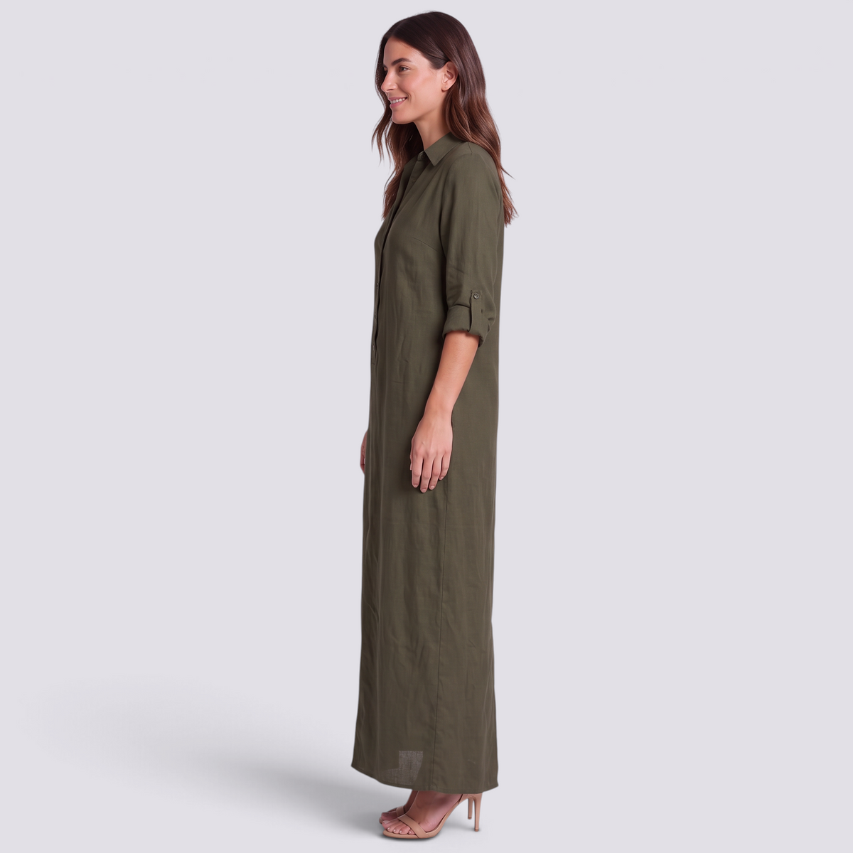 Vestido camisero largo verde oliva mujer, vista lateral