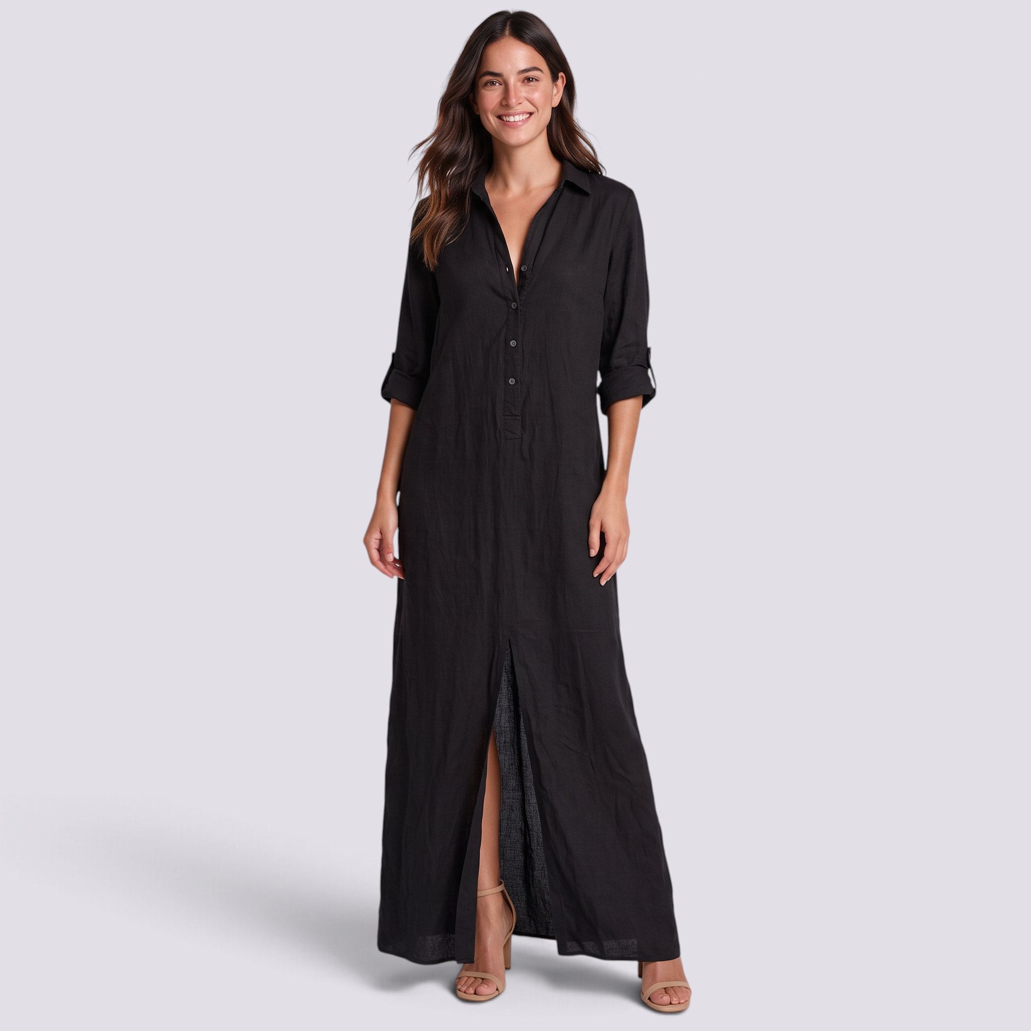 Vestido camisero largo negro mujer, vista frontal