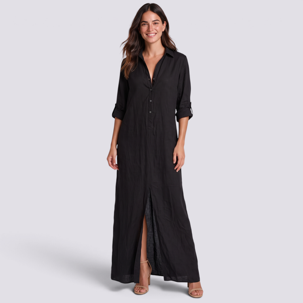 Vestido camisero largo negro mujer, vista frontal
