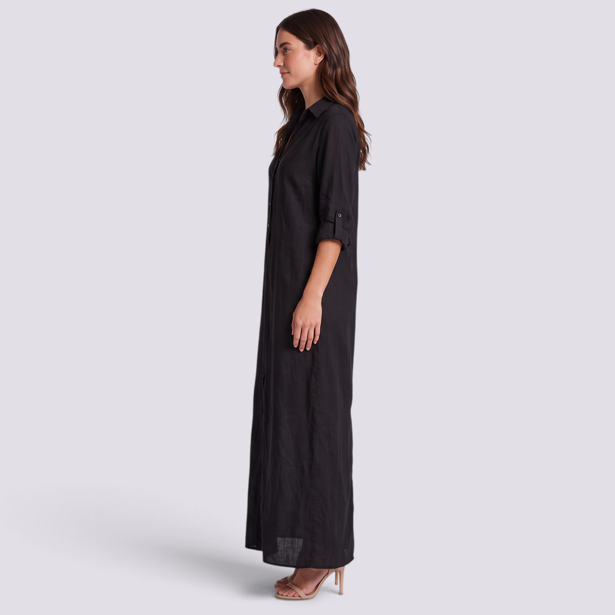 Vestido camisero largo negro mujer, vista lateral