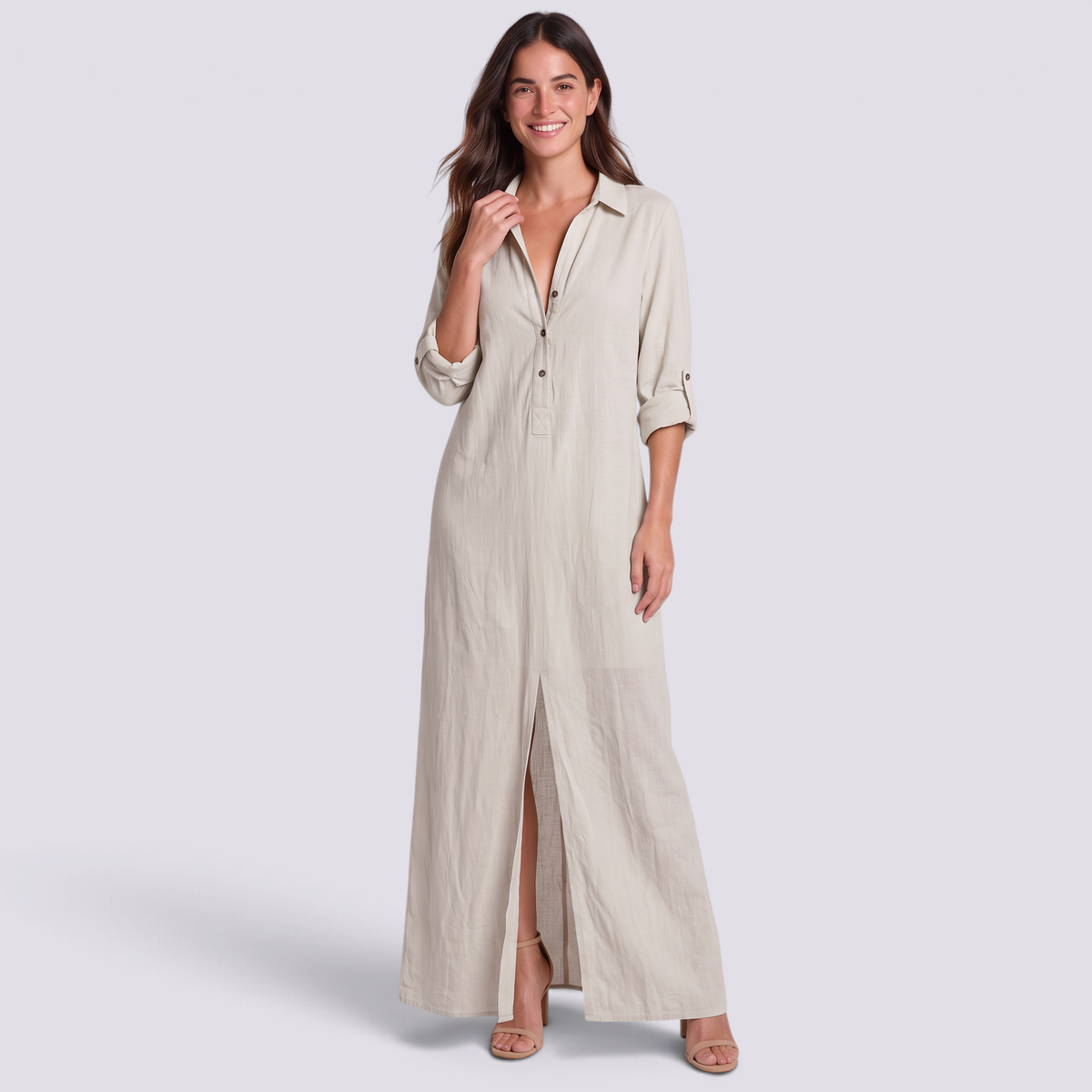 Vestido camisero largo blanco mujer, vista frontal