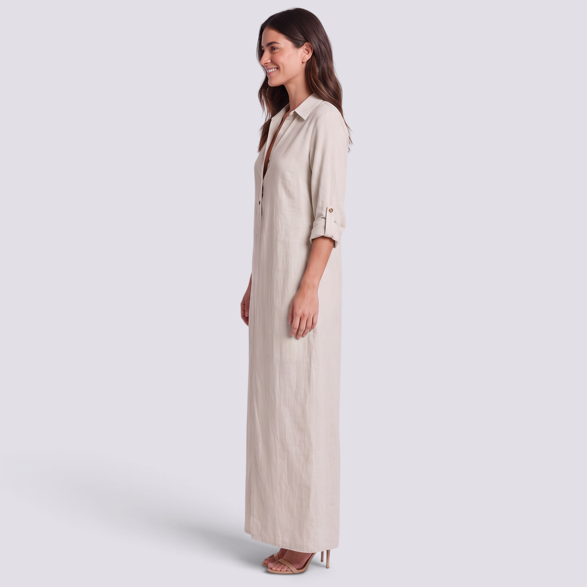 Vestido camisero largo blanco mujer, vista lateral