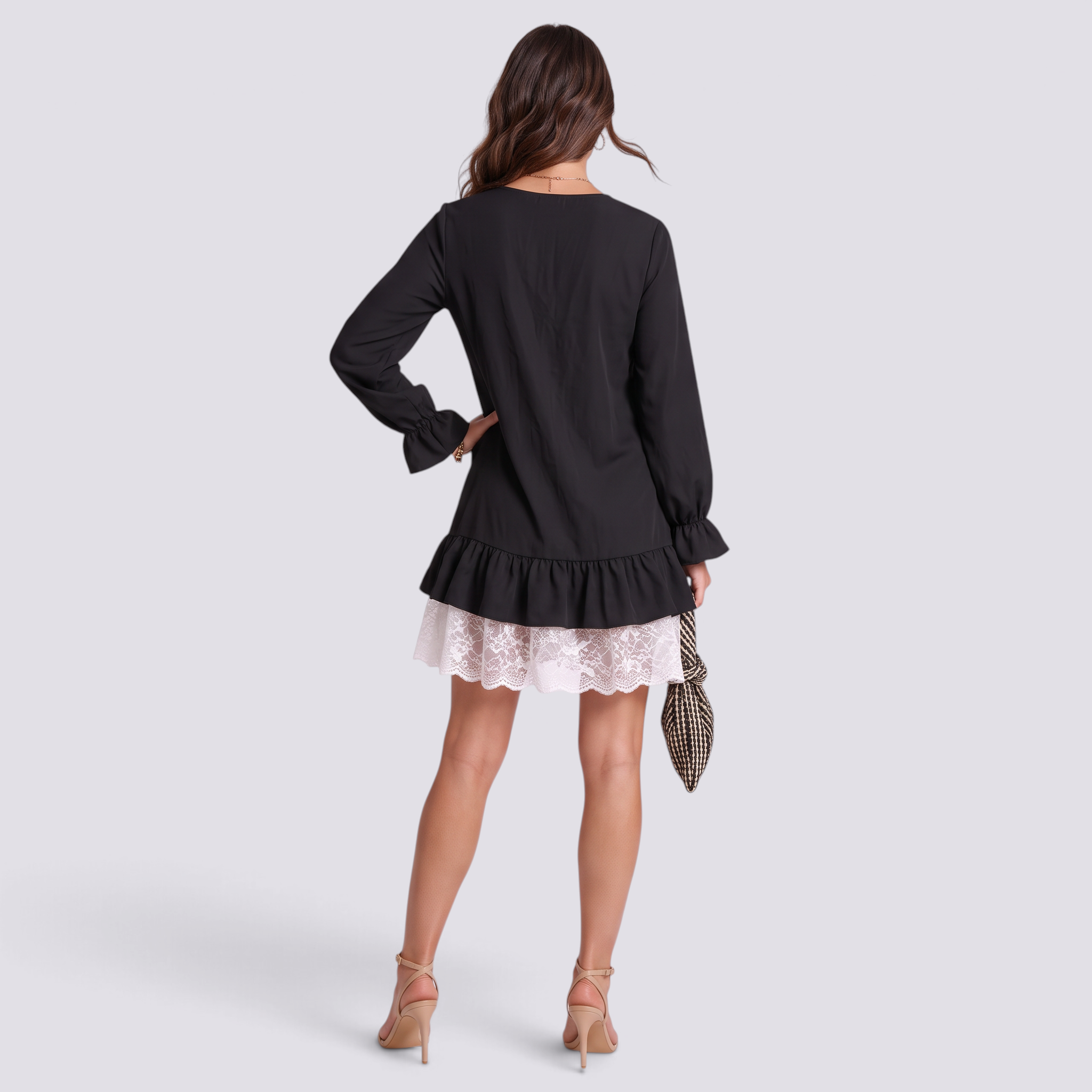 Vestido Corto Mujer Encaje y Volantes Negro vista espalda