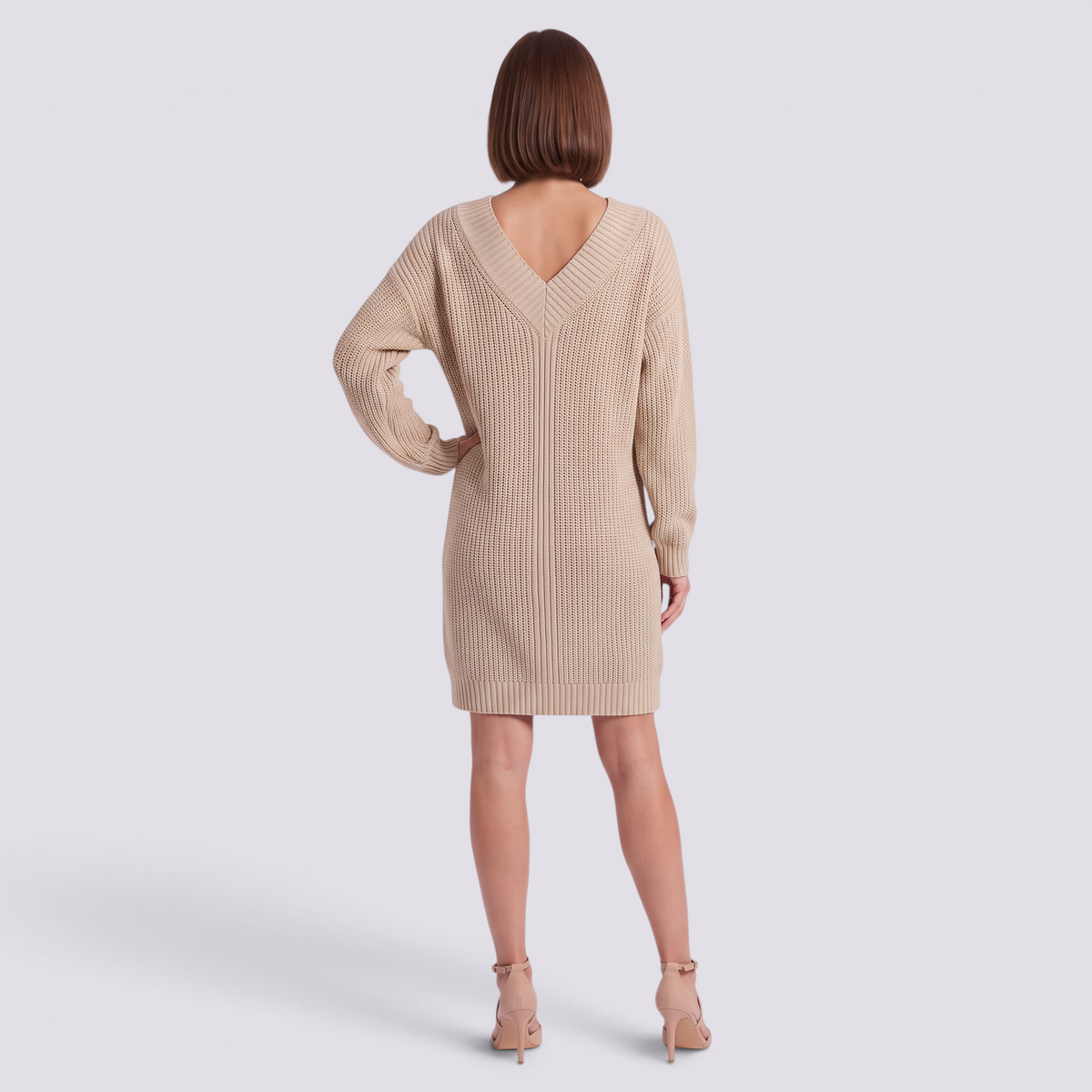 Vestido jersey corto de mujer color caqui con escote en pico profundo en la espalda, vista trasera