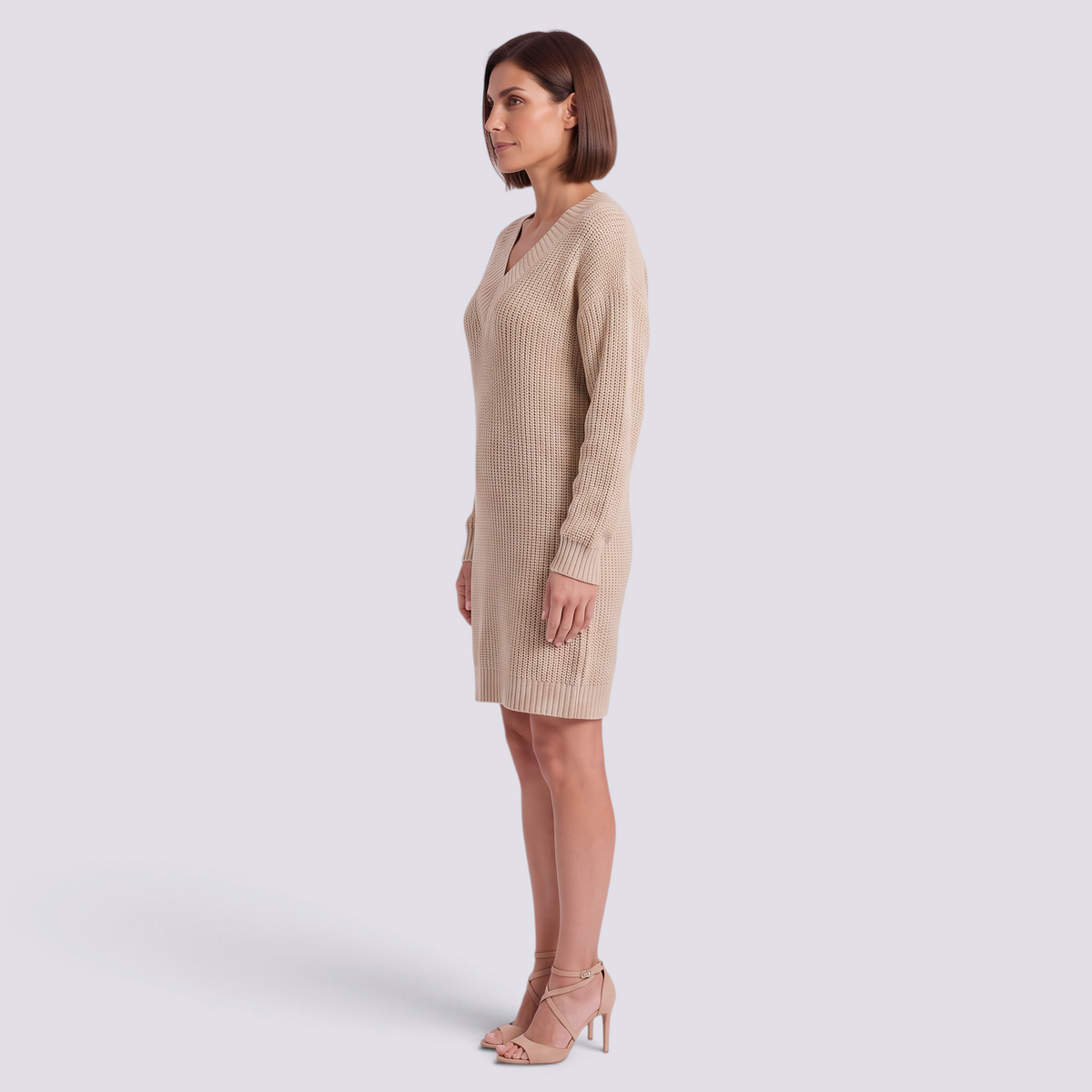 Vestido jersey corto de mujer color caqui con escote en pico y mangas largas, vista lateral
