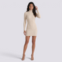 Vestido jersey ajustado de mujer color albaricoque con cuello alto y manga larga, vista frontal