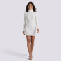 Vestido jersey ajustado de mujer color blanco con cuello alto y manga larga, vista frontal