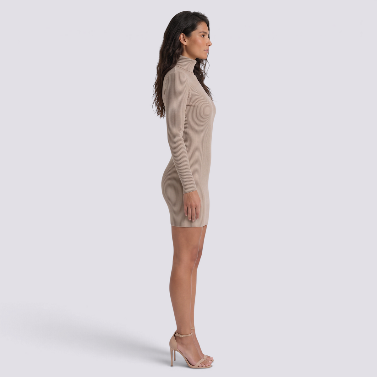 Vestido jersey ajustado de mujer color caqui con cuello alto y manga larga, vista lateral