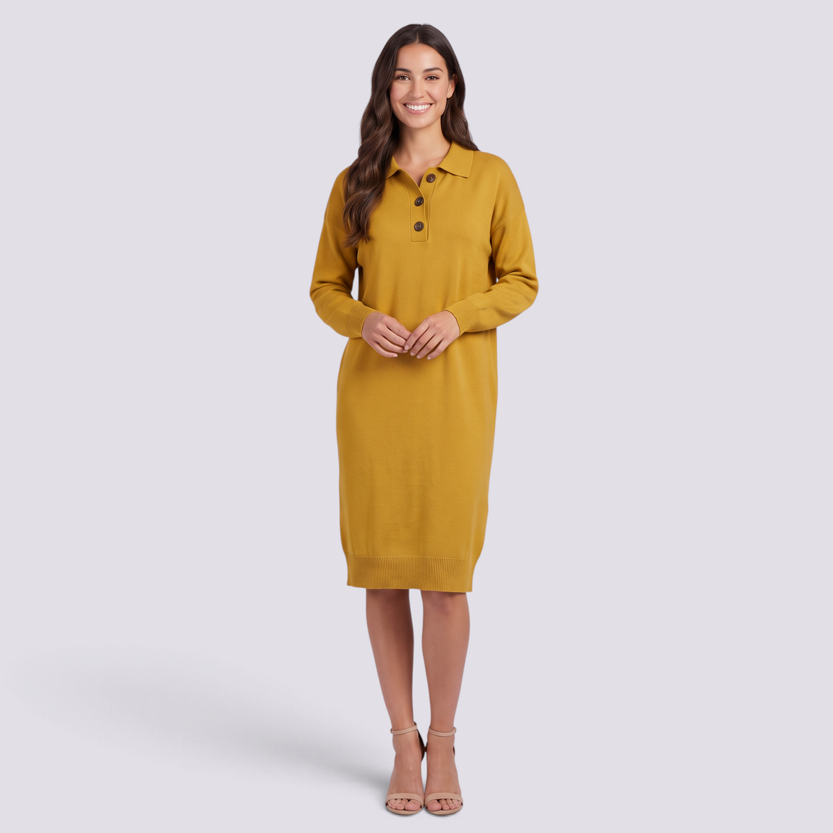 Vestido jersey de mujer con cuello polo y botones en amarillo, vista frontal
