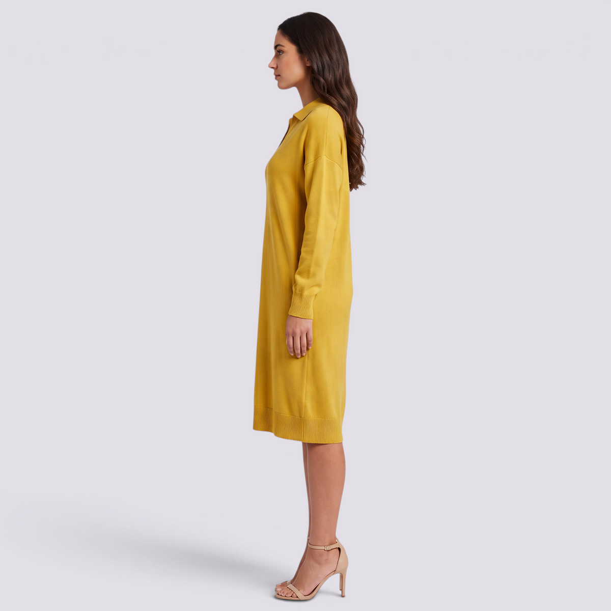 Vestido jersey de mujer con cuello polo y botones en amarillo, vista lateral