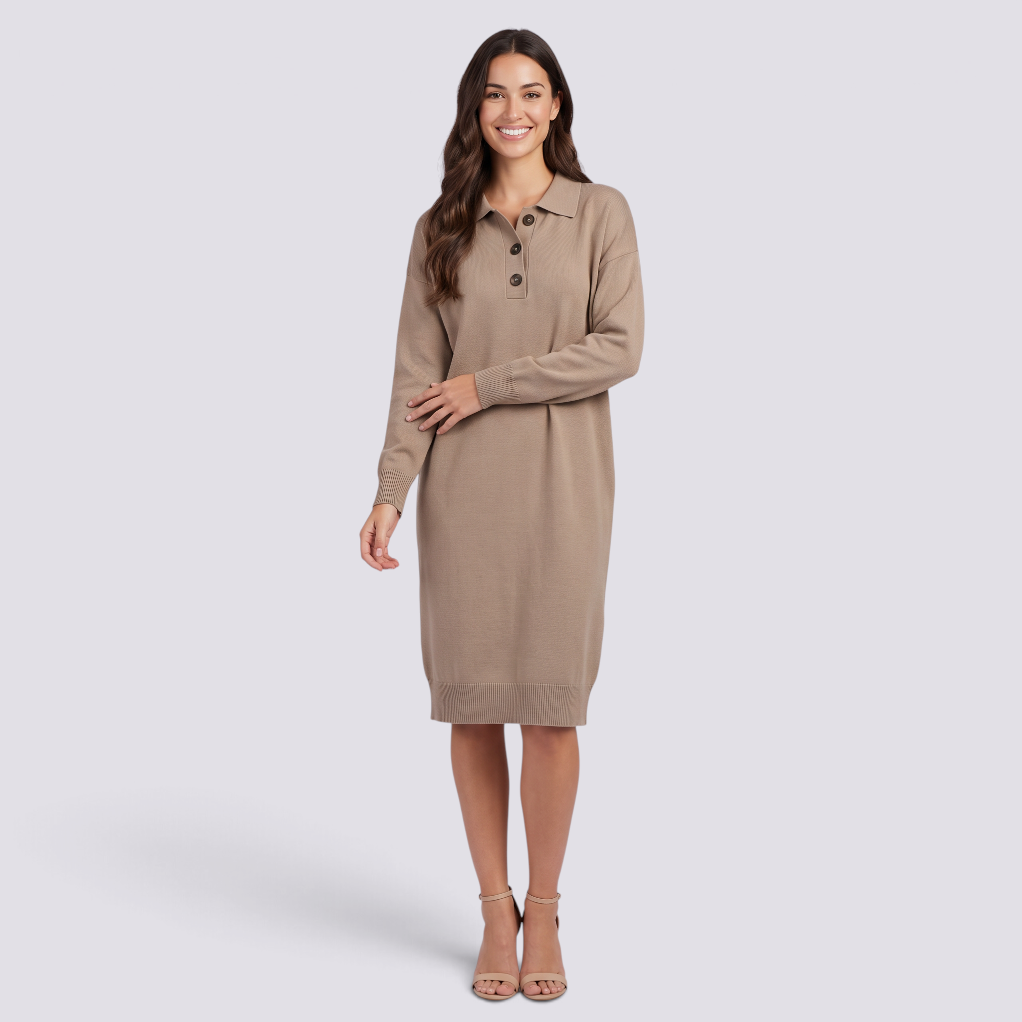 Vestido jersey de mujer con cuello polo y botones en beige, vista frontal