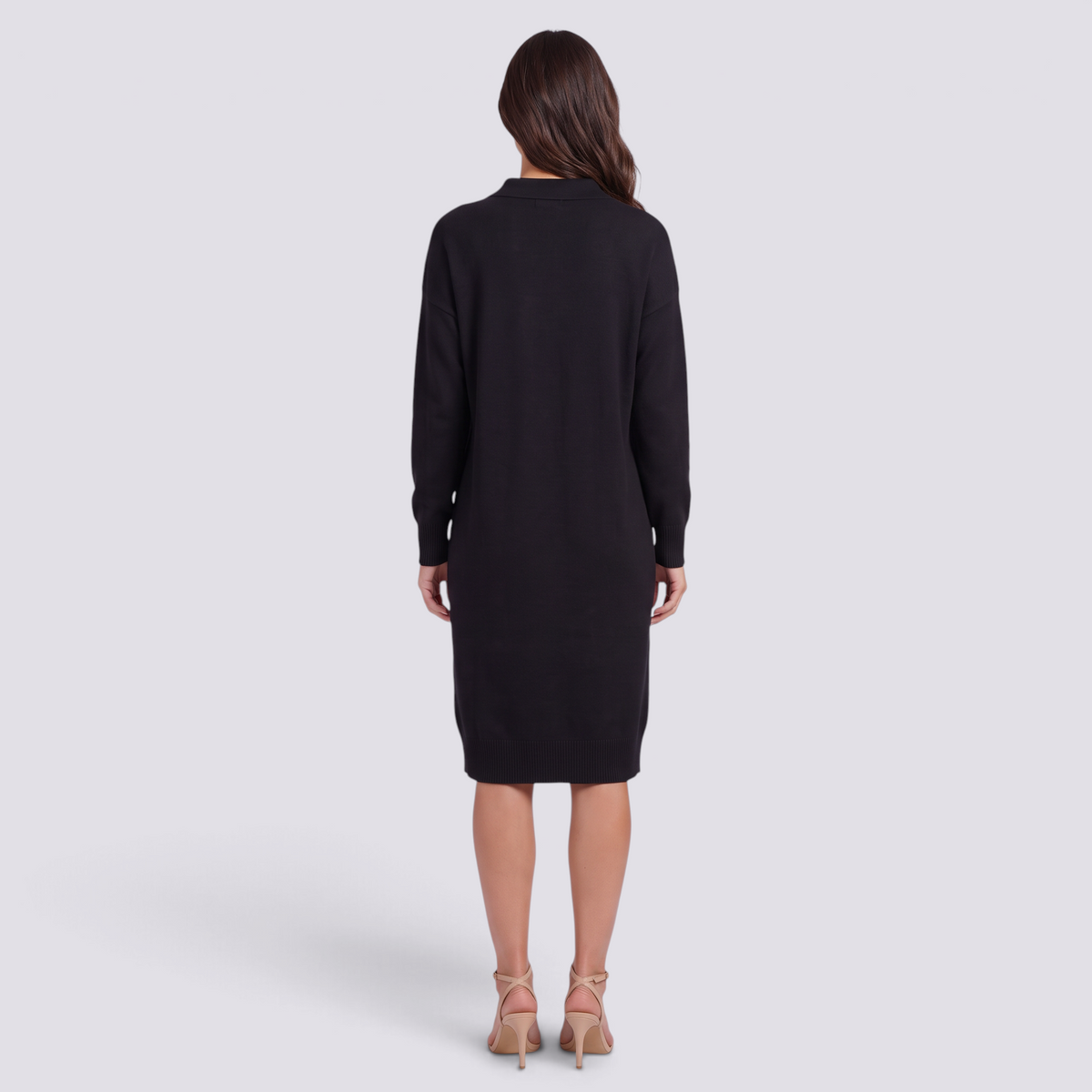 Vestido jersey de mujer con cuello polo y botones en negro, vista trasera