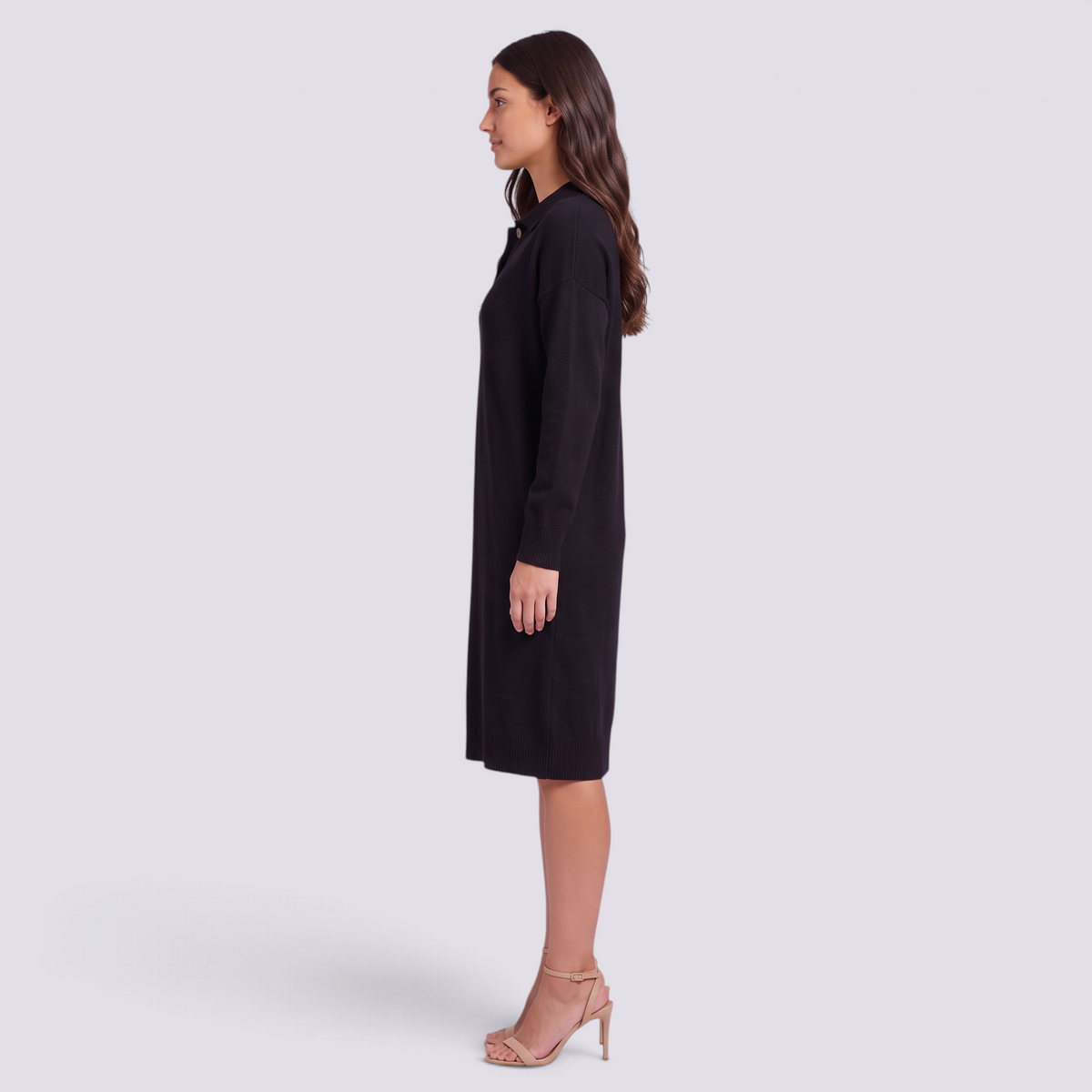 Vestido jersey de mujer con cuello polo y botones en negro, vista lateral