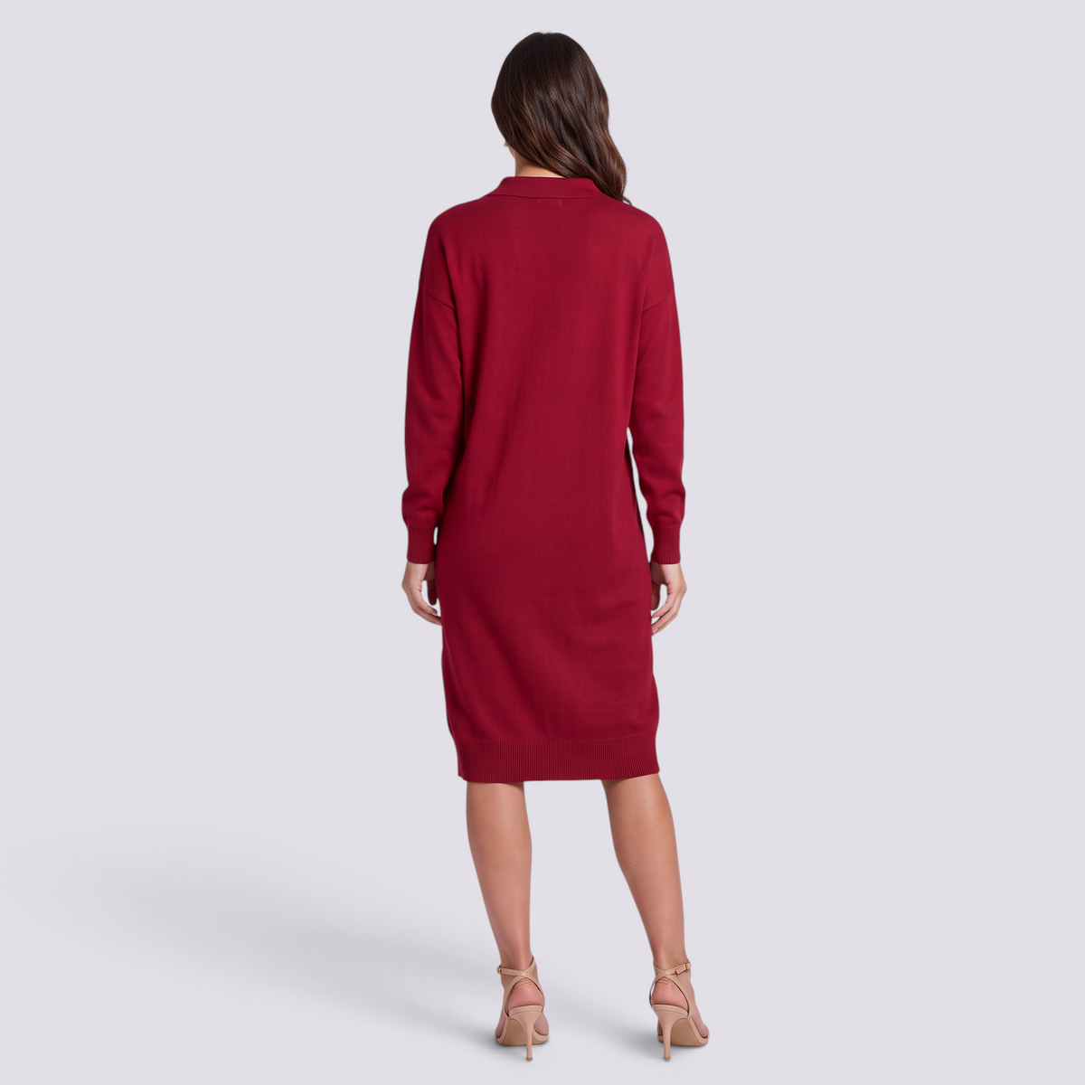 Vestido jersey de mujer con cuello polo y botones en rojo, vista trasera