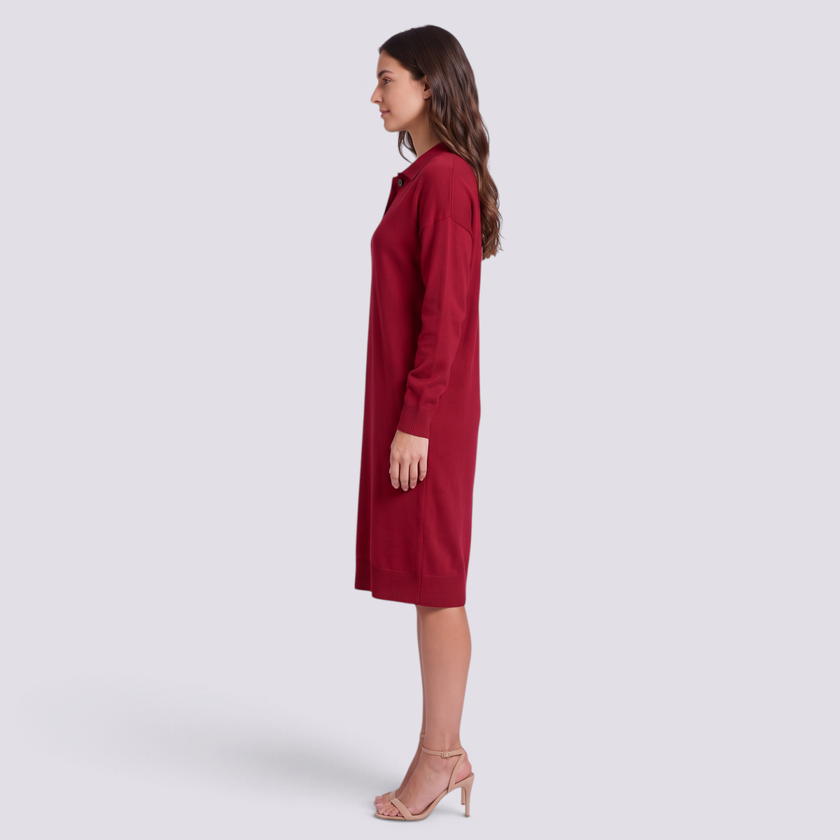 Vestido jersey de mujer con cuello polo y botones en rojo, vista lateral